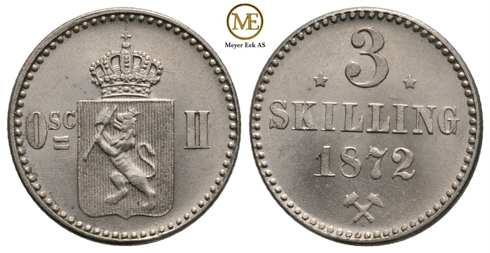 3 skilling 1872 Oscar II m/stjerner. Kv.0