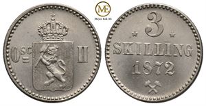 3 skilling 1872 Oscar II m/stjerner. Kv.0