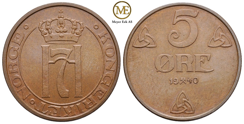 5 øre 1940 Haakon VII. Prakt eksemplar.