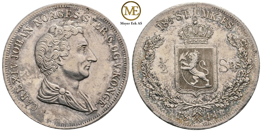 1/2 Speciedaler 1844 Carl XIV Johan. NM.29. Ujevnt preg. Kv.1+/01