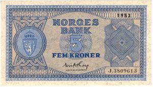 5 kroner 1953 J.3809613. Kv.0/01