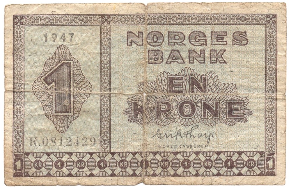 1 krone 1947 K.0812429 med blått trykk på revers.