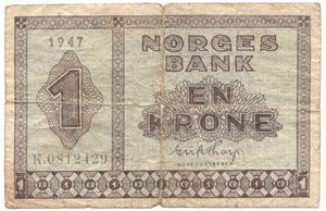 1 krone 1947 K.0812429 med blått trykk på revers.