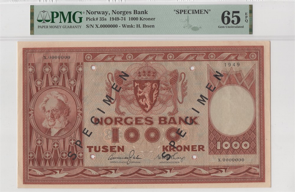 1000 kroner 1949 X.0000000 specimen. Kv.0