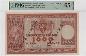1000 kroner 1949 X.0000000 specimen. Kv.0