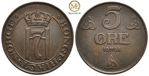 5 øre 1908 Haakon VII. Kv.01