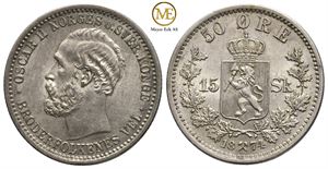 50 øre/15 sk. 1874 Oscar II. Kv.0