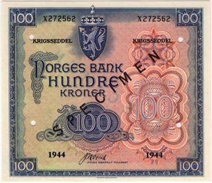 100 kroner 1944 X.272564. Specimen av London utgaven. PMG.65