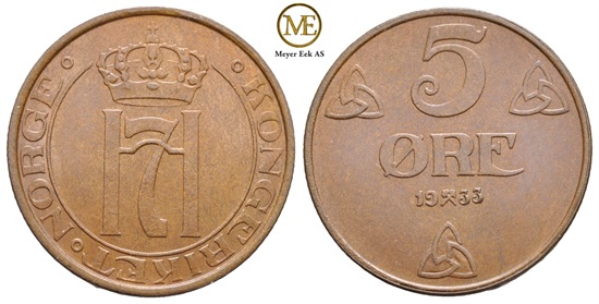 5 øre 1933 Haakon VII. Kv.0