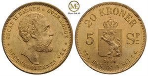 20 kroner /5 Spc. 1874 Oscar II. Kv.0/01