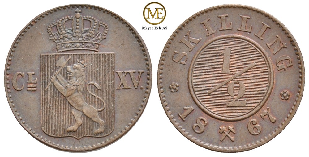1/2 skilling 1867 Carl XV. NM.24. Kv.0