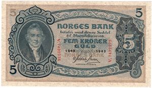 5 kroner 1943 V.7432375. Kv.0/01