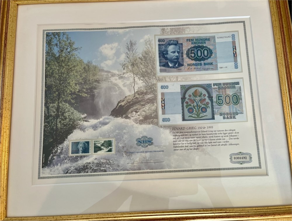 500 kr seddel 1991 x 2 stk montert i ramme.