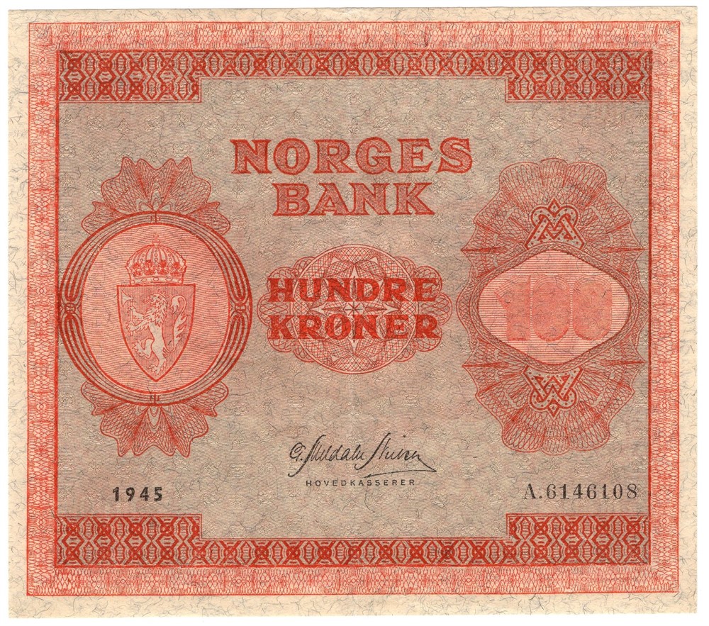 100 kroner 1945 A.6146108. Kv.01