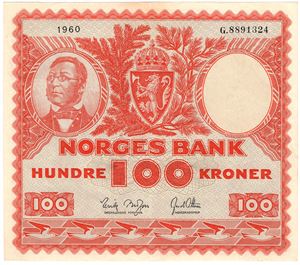 100 kroner 1960 G.8891324. Kv.1+