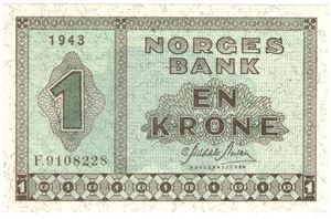 1 krone 1943 F.9108228. Kv.0/01