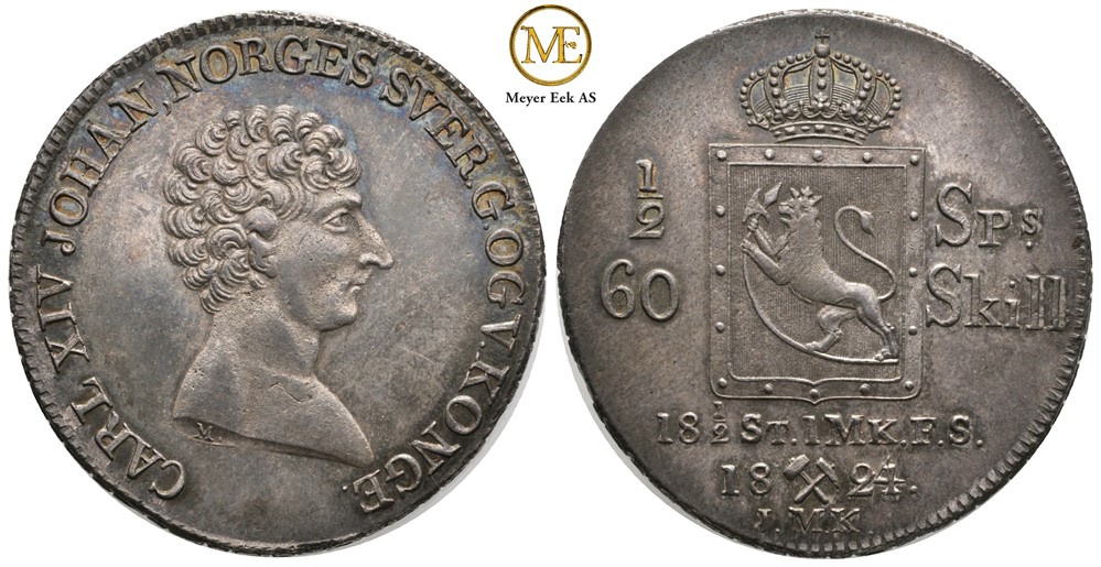 1/2 speciedaler 1824 Carl XIV Johan. Kv.0