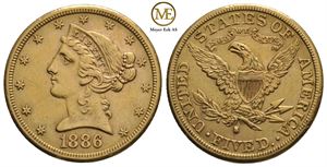 5 dollar 1886 Liberty head. Kv.1+/01