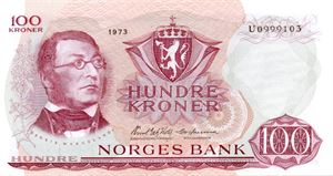 100 kroner 1973 U ex. Skilling