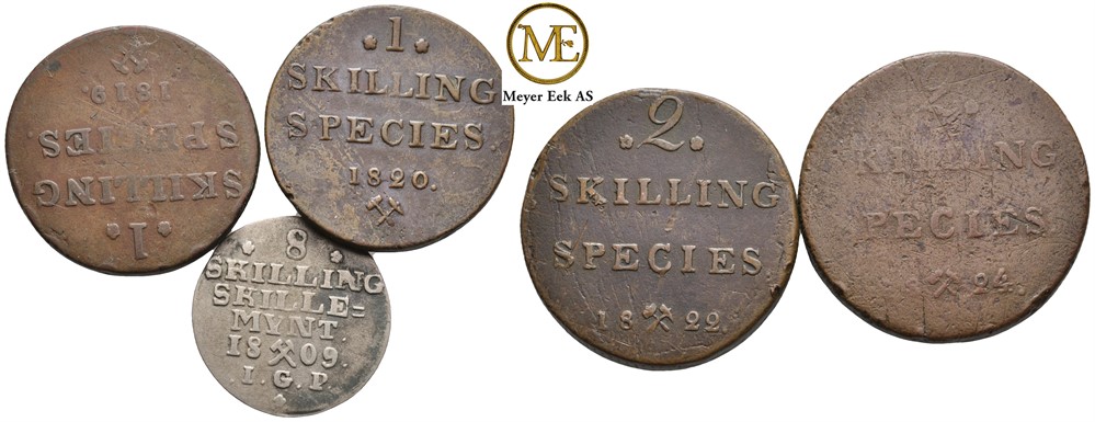 Lot. Skillingsmynt Norge. Skilling 1819, 1820, 2 skilling 1810, 1822, 1824, 1842, 8 skilling 1809, 12 skilling 1845 og 1856.