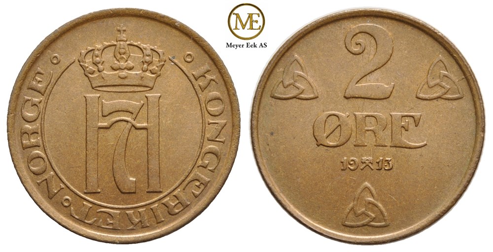 2 øre 1913 Haakon VII. Kv.0