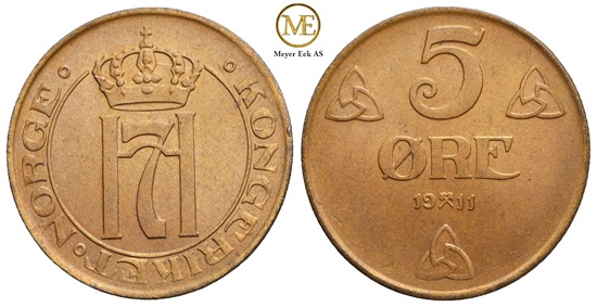 5 øre 1911 Haakon VII. Kv.0
