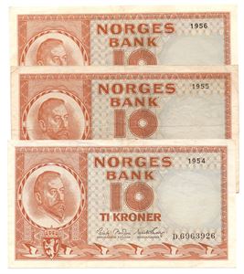 Lot. 10 kroner 1954, 55 og 56. VK