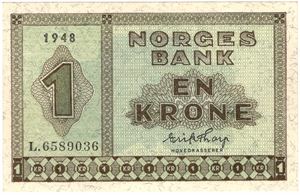 1 krone 1948 L.6589036. Kv.0