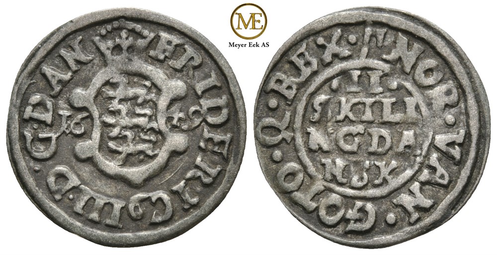 2 skilling 1649 Frederik III. Kv.1+