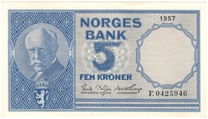 5 kroner 1957 F.0425946. Kv.0