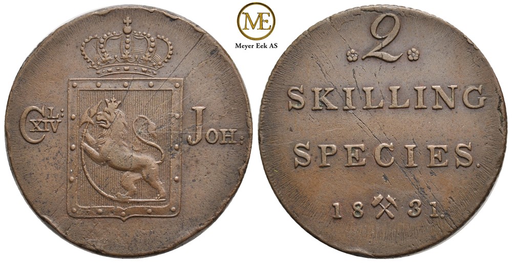 2 skilling 1831 Carl XIV Johan. Kv.1+/01