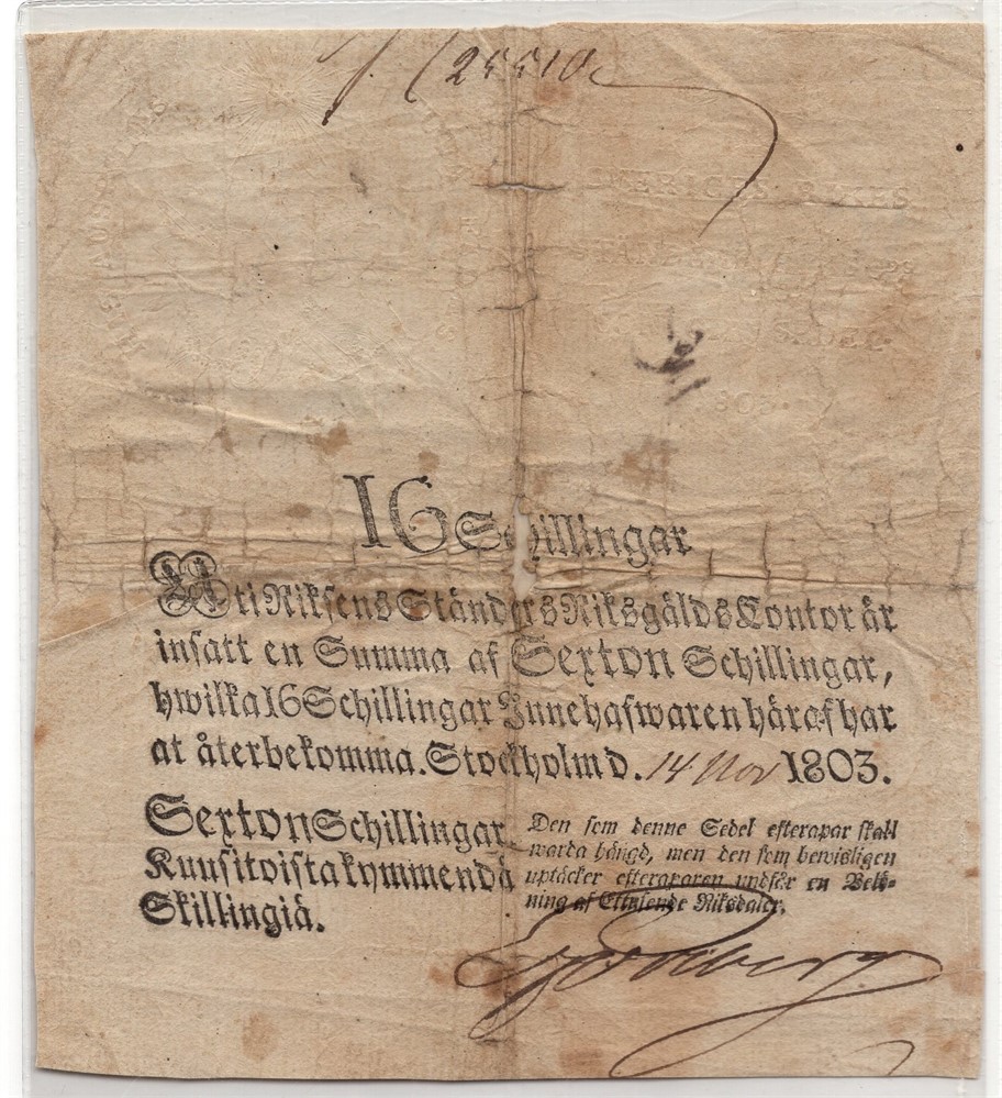 16 skillingar. Stockholm 1803. Sterkt restaurert