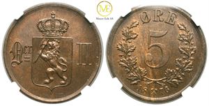 5 øre 1876 Oscar II. M 65. Kv.0