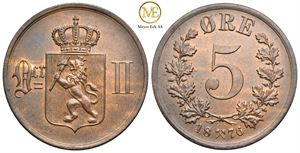 5 øre 1876 Oscar II. Kv.0