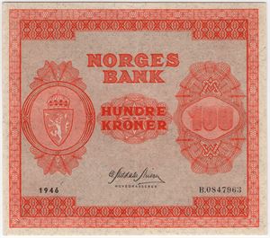 100 kroner 1946 B.0847963. Kv.01