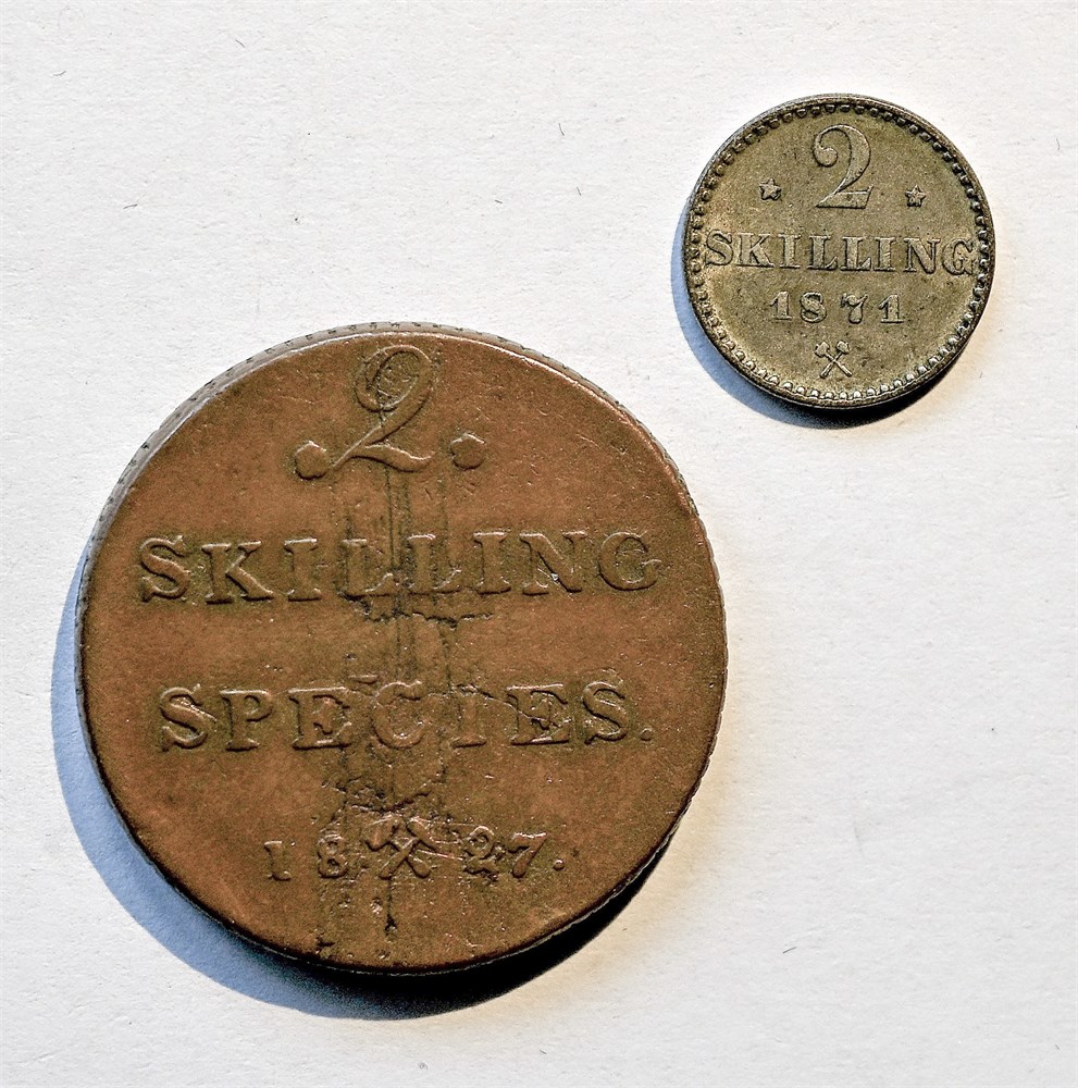 Norge 2 skilling 1827 og 1871 kv. 1 og 1+