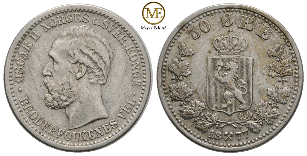 50 øre 1877 Oscar II Kv.1+