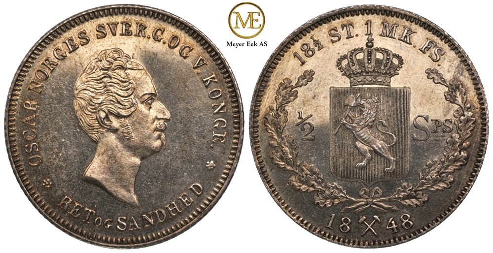 1/2 speciedaler 1848 Oscar I. Prakt eksemplar