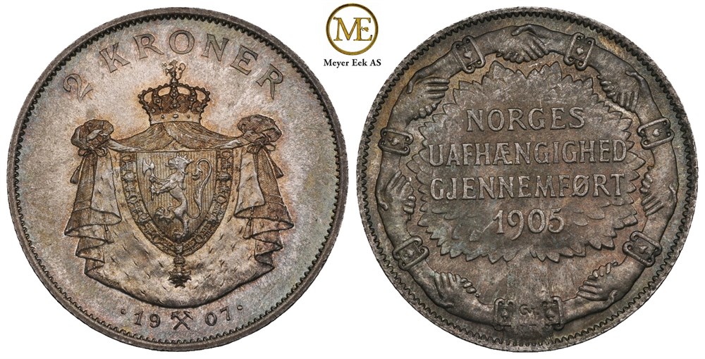 2 kroner 1907 Jubileum. Haakon VII. Prakteksemplar