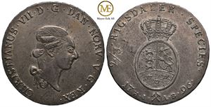 2/3 speciedaler 1796 Christian VII. Praktfull mynt. Kv.0/01