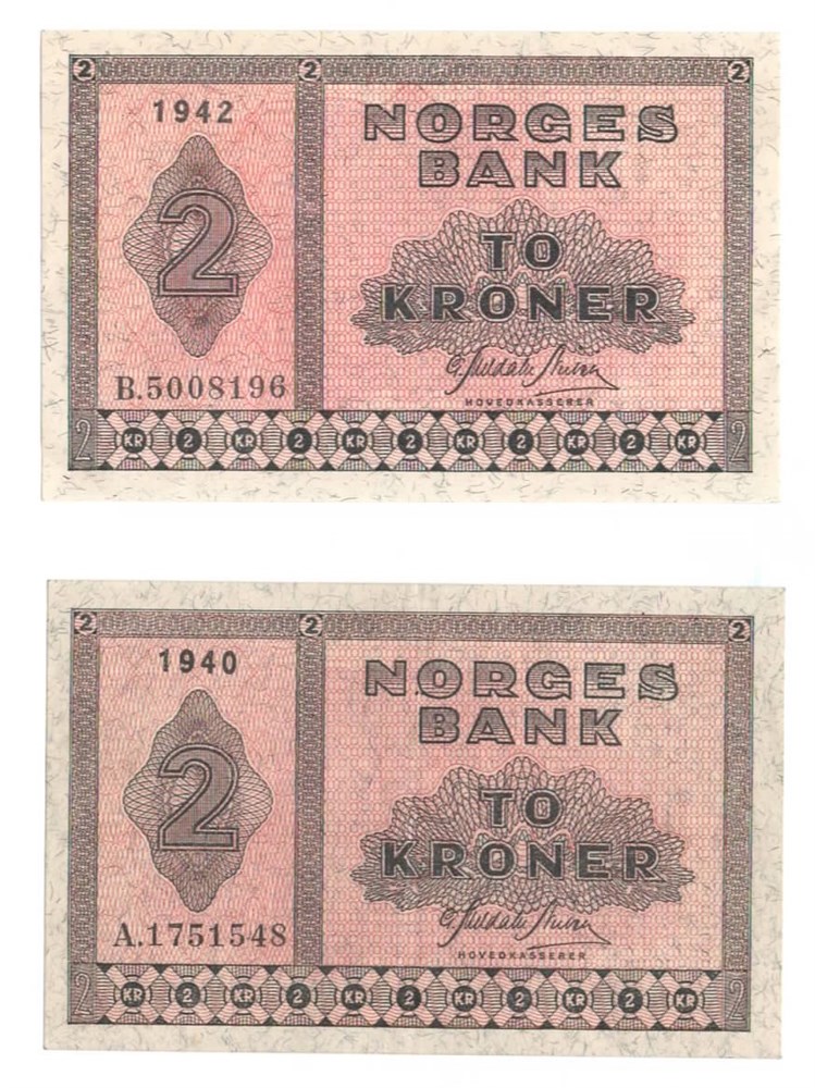 Norge 2 kroner 1940 A og 1942 B kv. 1+