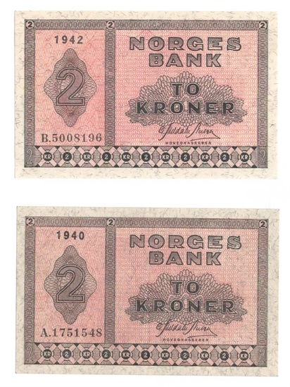 Norge 2 kroner 1940 A og 1942 B kv. 1+