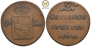 2 skilling 1832 Carl XIV Johan. Kv.1+