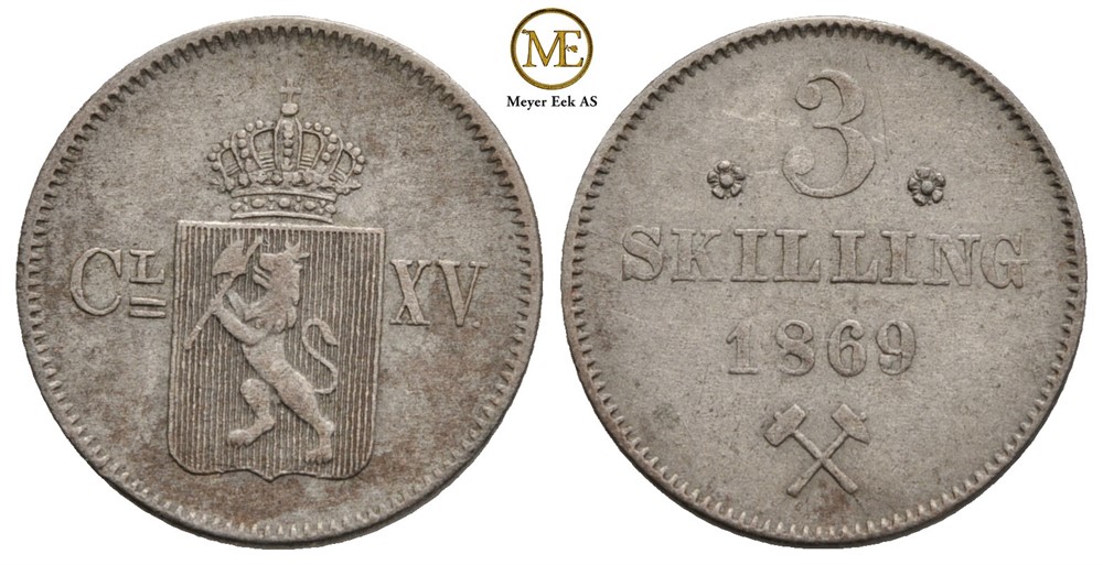 3 skilling 1869 Carl XV. NM.19a. Kv.1+
