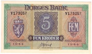 5 kroner 1944 Y.173057 London utg. Kv.0/01