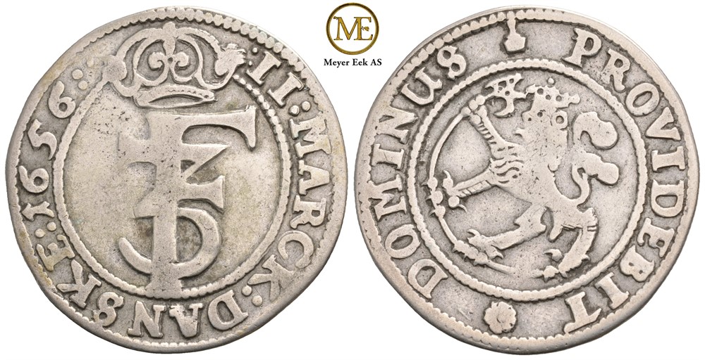 2 mark 1656 Frederik III. Kv.1/1+