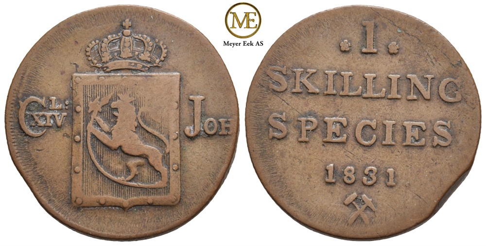 Skilling 1831/28 Carl XIV Johan. NM.64. Kv.1/1+