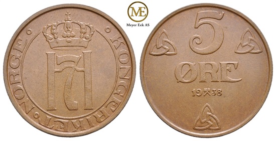 5 øre 1938 Haakon VII. Kv.0