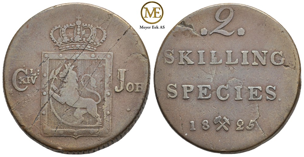 2 skilling 1825 Carl XIV Johan. Kv.1/1+