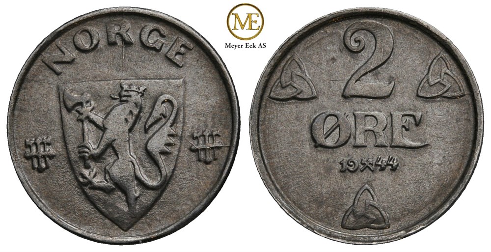 2 øre 1944 jern. Haakon VII. Kv.0